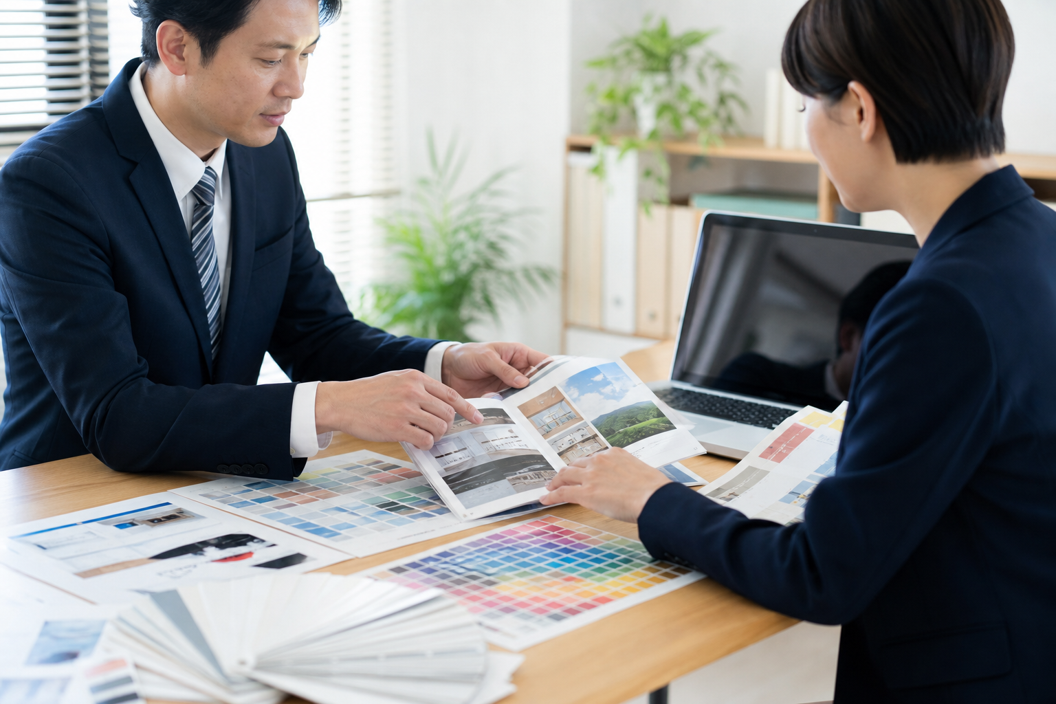 印刷物のサンプルを見ながら打ち合わせをしている様子